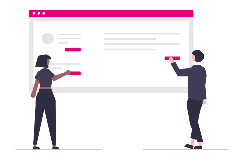 Grafik mit zwei Figuren, die an einer lebensgroßen Webseite Elemente verschieben