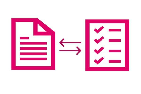 Zwei magentafarbene Icons mit je 1 Text-Dokument und 1 Checkliste und Pfeilen dazwischen Zwei magentafarbene Icons mit je 1 Text-Dokument und 1 Checkliste und Pfeilen dazwischen