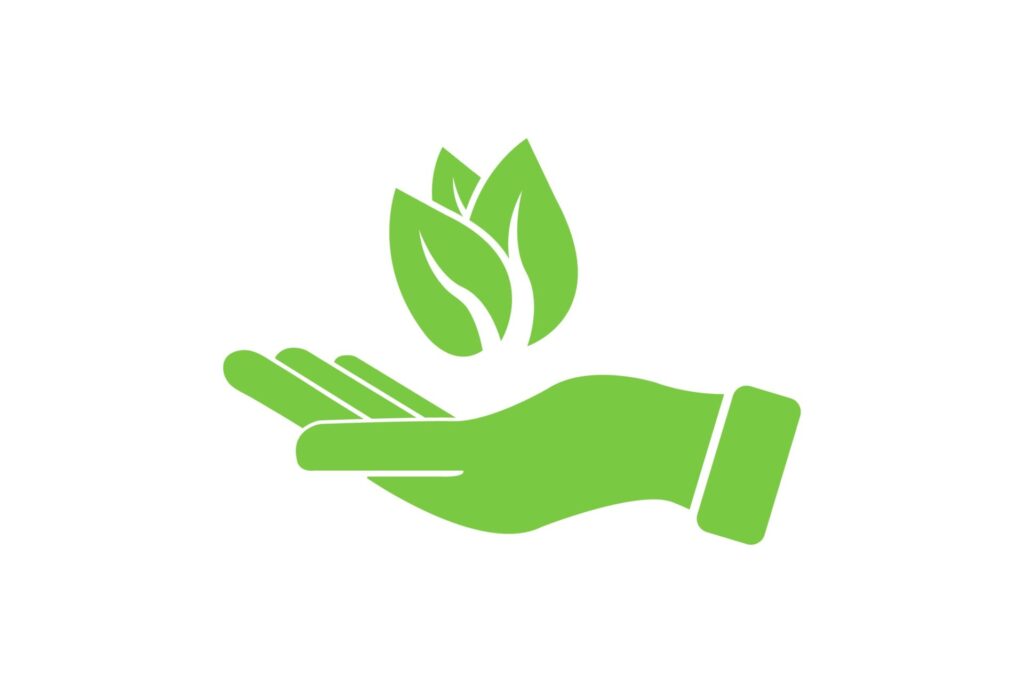 Grafik in grün: Hand mit Handfläche nach oben, über der drei Blätter schweben