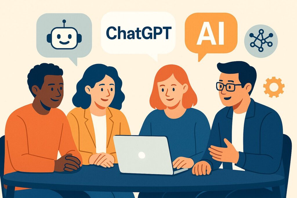 Illustration von CoPilot erstellt: Vier Personen sitzen an einem Tisch um einen Laptop, über ihnen schweben Sprechblasen mit AI und ChatGPT und einem Robotergesicht Illustration von CoPilot erstellt: Vier Personen sitzen an einem Tisch um einen Laptop, über ihnen schweben Sprechblasen mit AI und ChatGPT und einem Robotergesicht